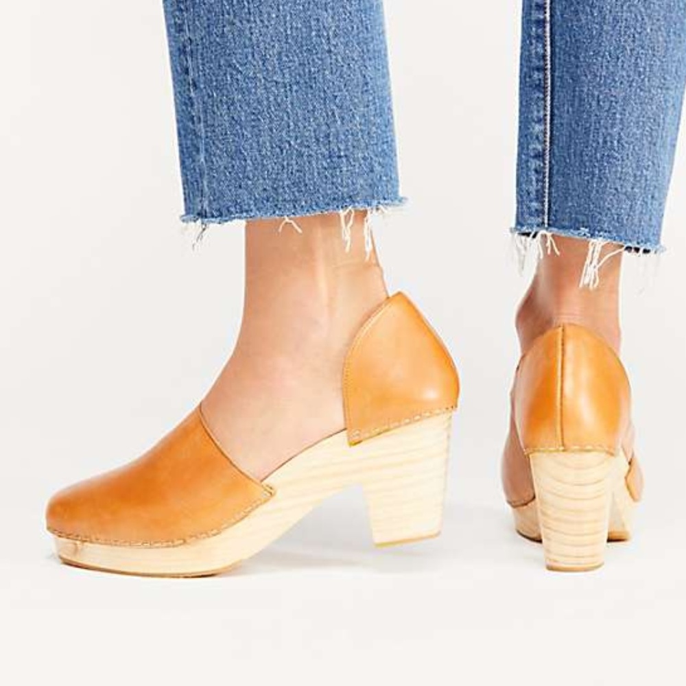 Free People Leather Wooden Clog - Cognac *NWT*